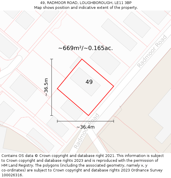 49, RADMOOR ROAD, LOUGHBOROUGH, LE11 3BP: Plot and title map