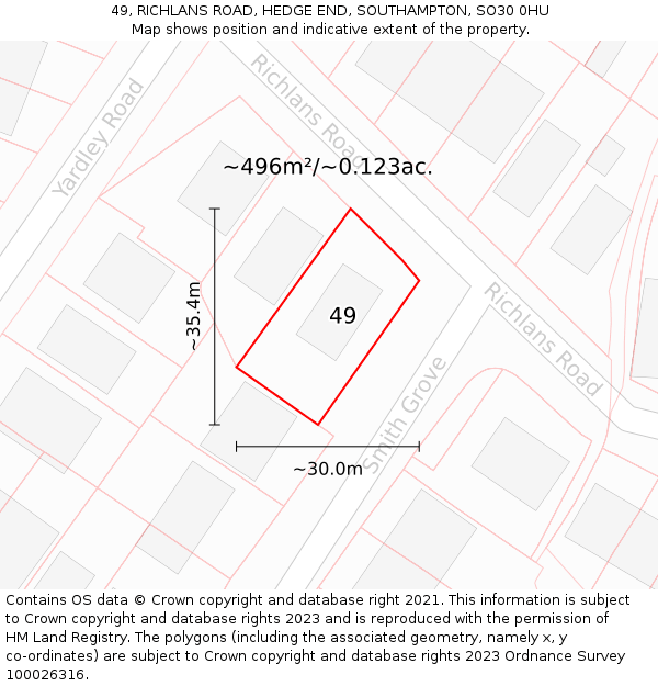 49, RICHLANS ROAD, HEDGE END, SOUTHAMPTON, SO30 0HU: Plot and title map