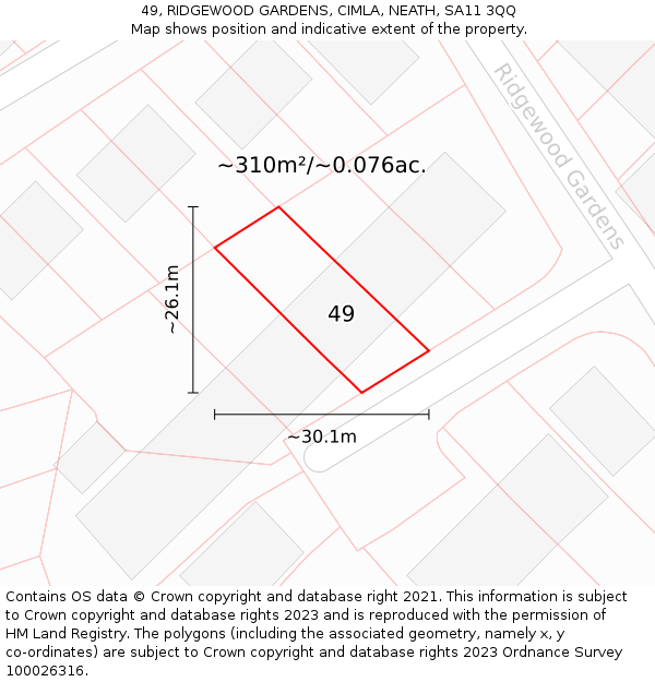 49, RIDGEWOOD GARDENS, CIMLA, NEATH, SA11 3QQ: Plot and title map