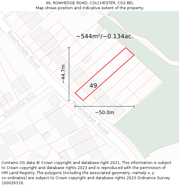 49, ROWHEDGE ROAD, COLCHESTER, CO2 8EL: Plot and title map