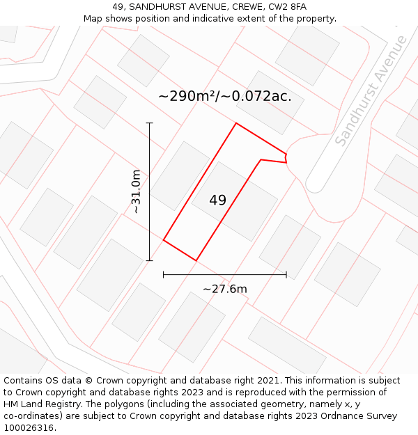 49, SANDHURST AVENUE, CREWE, CW2 8FA: Plot and title map