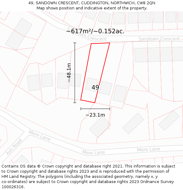 49, SANDOWN CRESCENT, CUDDINGTON, NORTHWICH, CW8 2QN: Plot and title map