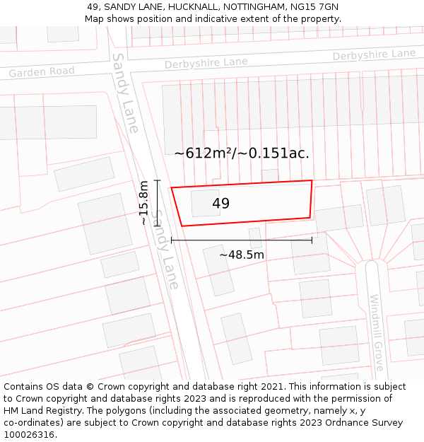 49, SANDY LANE, HUCKNALL, NOTTINGHAM, NG15 7GN: Plot and title map