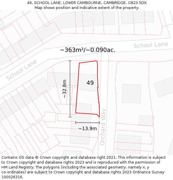 49, SCHOOL LANE, LOWER CAMBOURNE, CAMBRIDGE, CB23 5DX: Plot and title map