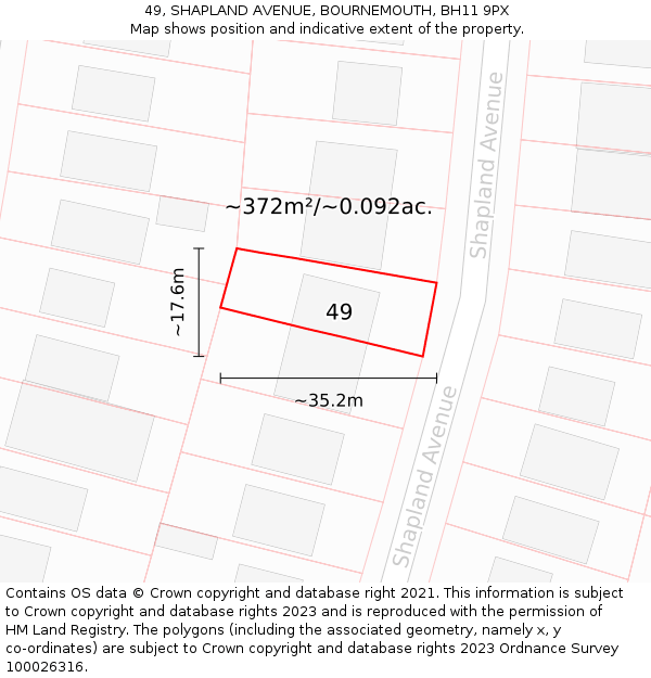 49, SHAPLAND AVENUE, BOURNEMOUTH, BH11 9PX: Plot and title map