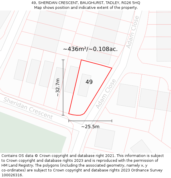 49, SHERIDAN CRESCENT, BAUGHURST, TADLEY, RG26 5HQ: Plot and title map