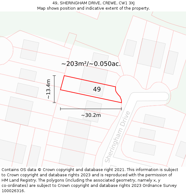 49, SHERINGHAM DRIVE, CREWE, CW1 3XJ: Plot and title map