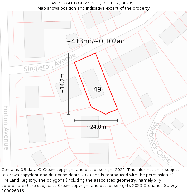 49, SINGLETON AVENUE, BOLTON, BL2 6JG: Plot and title map