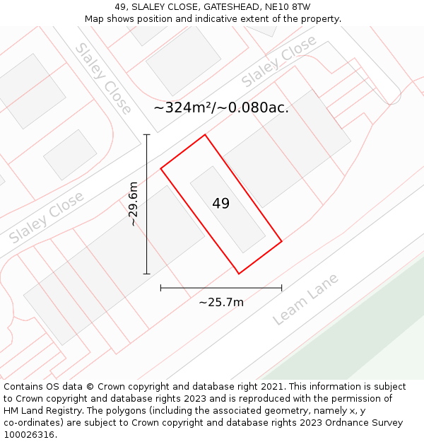 49, SLALEY CLOSE, GATESHEAD, NE10 8TW: Plot and title map