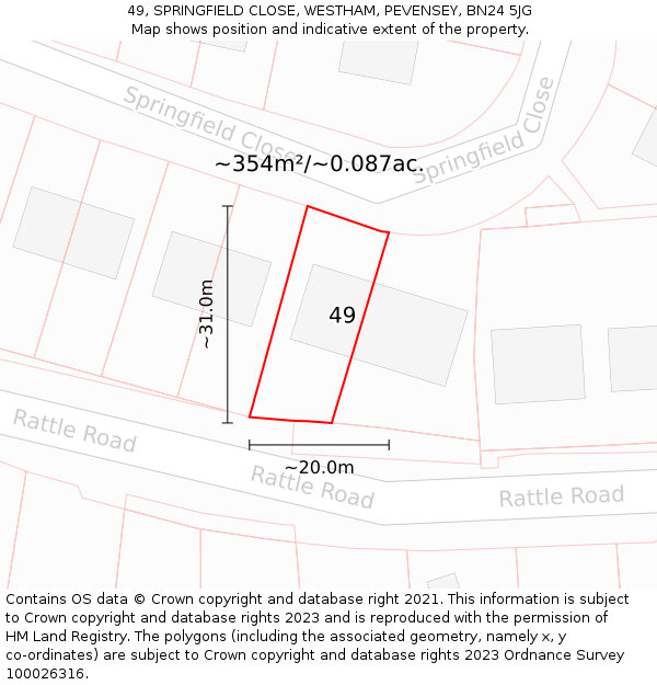 49, SPRINGFIELD CLOSE, WESTHAM, PEVENSEY, BN24 5JG: Plot and title map