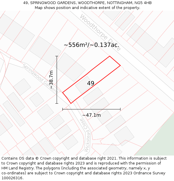 49, SPRINGWOOD GARDENS, WOODTHORPE, NOTTINGHAM, NG5 4HB: Plot and title map