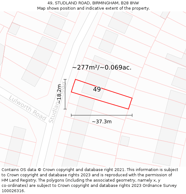 49, STUDLAND ROAD, BIRMINGHAM, B28 8NW: Plot and title map