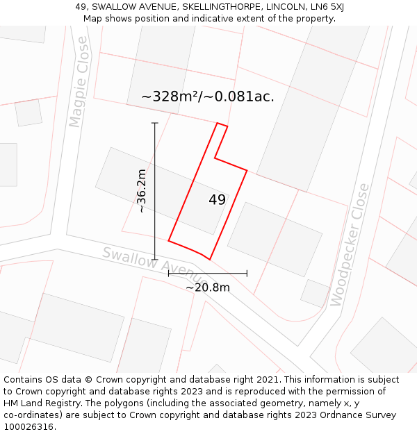 49, SWALLOW AVENUE, SKELLINGTHORPE, LINCOLN, LN6 5XJ: Plot and title map