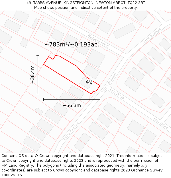 49, TARRS AVENUE, KINGSTEIGNTON, NEWTON ABBOT, TQ12 3BT: Plot and title map