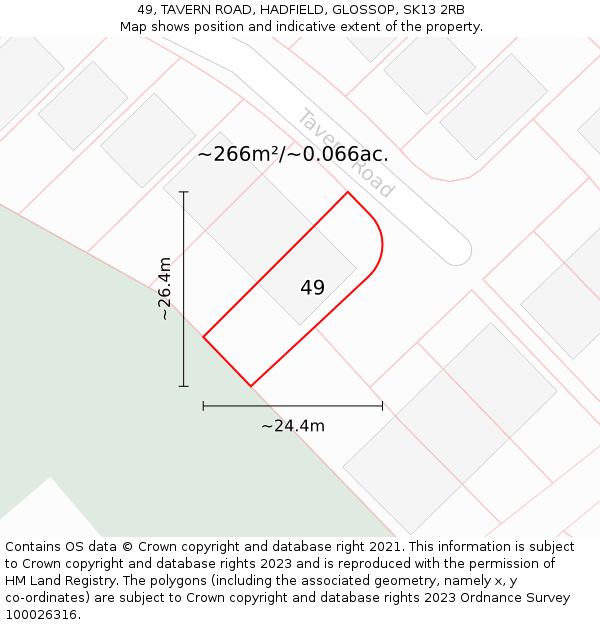 49, TAVERN ROAD, HADFIELD, GLOSSOP, SK13 2RB: Plot and title map