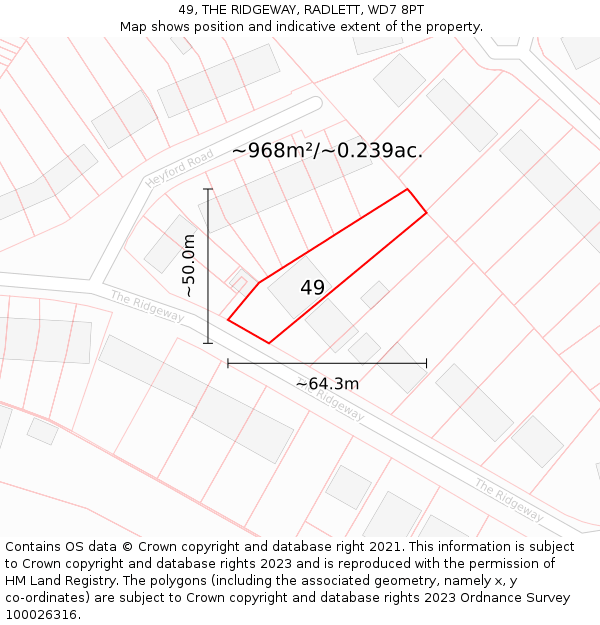 49, THE RIDGEWAY, RADLETT, WD7 8PT: Plot and title map