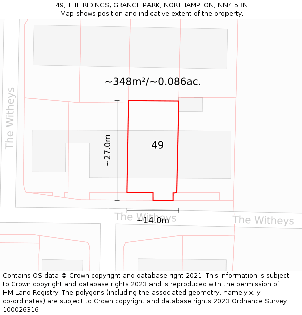 49, THE RIDINGS, GRANGE PARK, NORTHAMPTON, NN4 5BN: Plot and title map