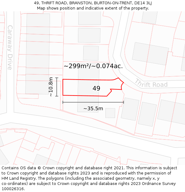 49, THRIFT ROAD, BRANSTON, BURTON-ON-TRENT, DE14 3LJ: Plot and title map