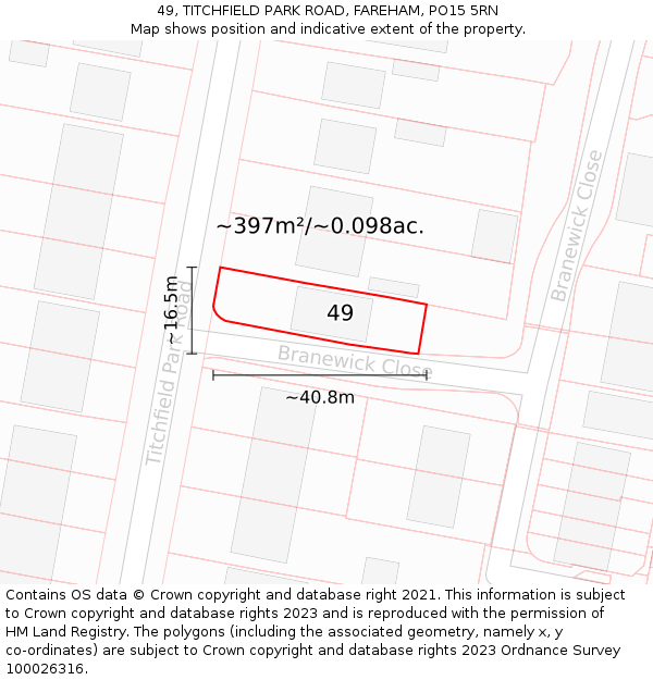 49, TITCHFIELD PARK ROAD, FAREHAM, PO15 5RN: Plot and title map