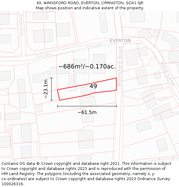 49, WAINSFORD ROAD, EVERTON, LYMINGTON, SO41 0JR: Plot and title map