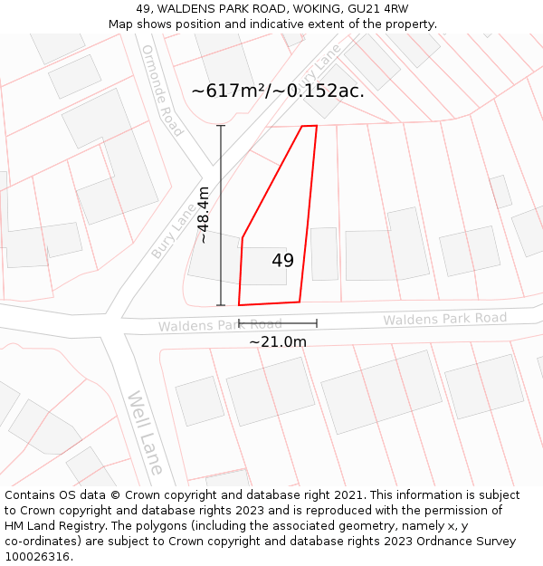 49, WALDENS PARK ROAD, WOKING, GU21 4RW: Plot and title map