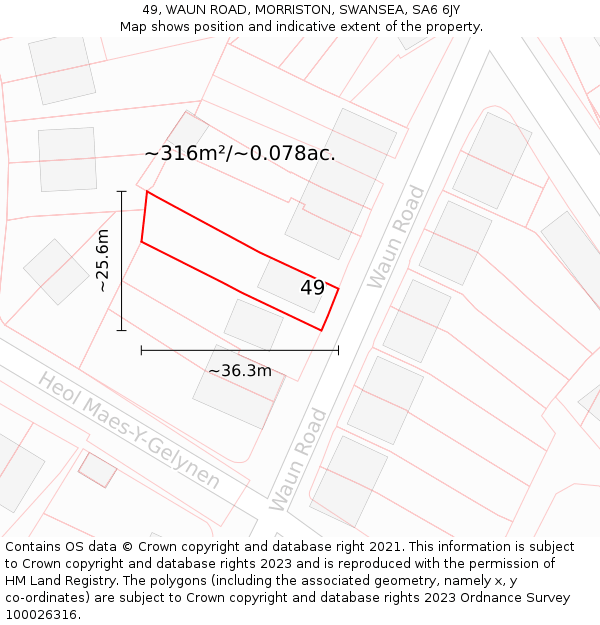 49, WAUN ROAD, MORRISTON, SWANSEA, SA6 6JY: Plot and title map