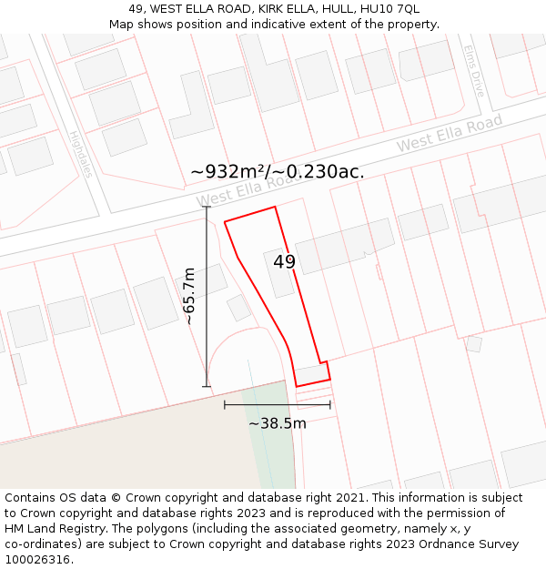 49, WEST ELLA ROAD, KIRK ELLA, HULL, HU10 7QL: Plot and title map