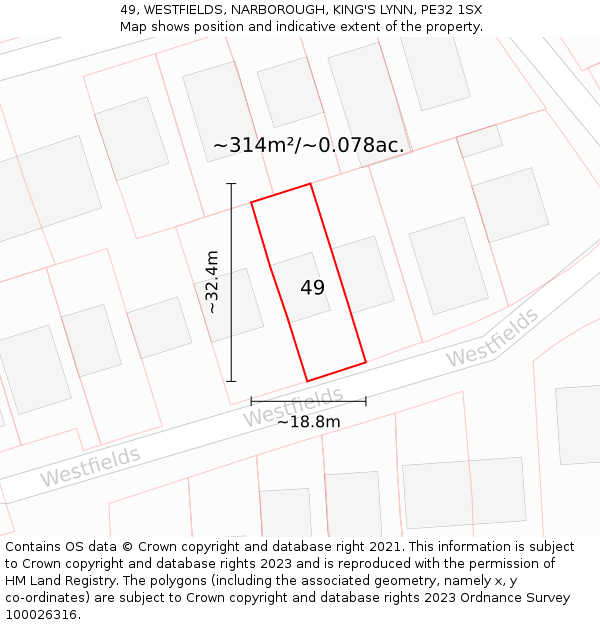 49, WESTFIELDS, NARBOROUGH, KING'S LYNN, PE32 1SX: Plot and title map