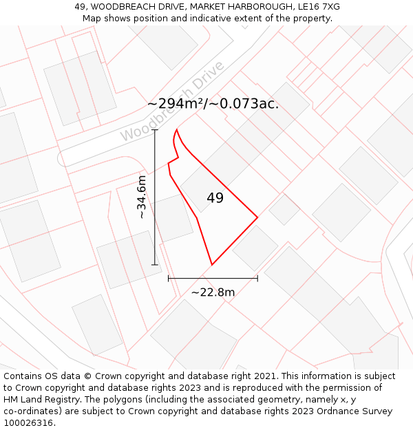 49, WOODBREACH DRIVE, MARKET HARBOROUGH, LE16 7XG: Plot and title map