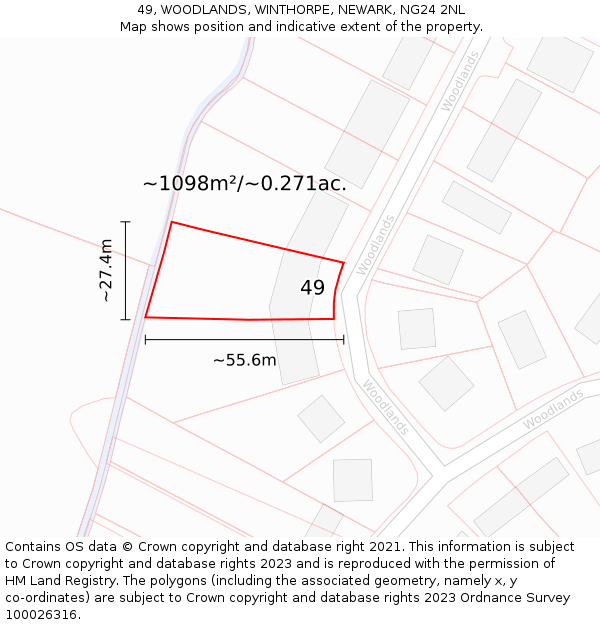 49, WOODLANDS, WINTHORPE, NEWARK, NG24 2NL: Plot and title map