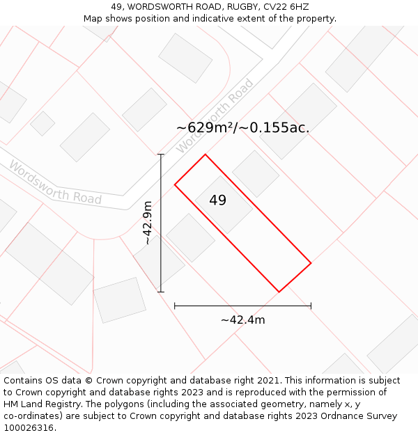 49, WORDSWORTH ROAD, RUGBY, CV22 6HZ: Plot and title map