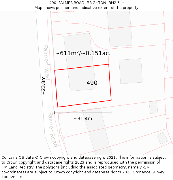 490, FALMER ROAD, BRIGHTON, BN2 6LH: Plot and title map