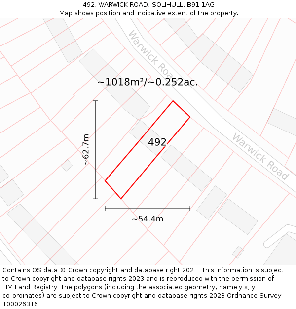 492, WARWICK ROAD, SOLIHULL, B91 1AG: Plot and title map