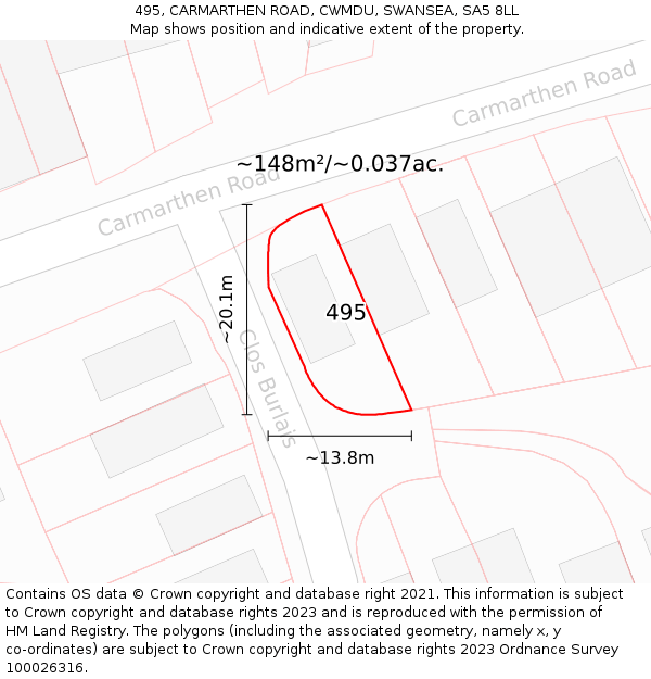 495, CARMARTHEN ROAD, CWMDU, SWANSEA, SA5 8LL: Plot and title map