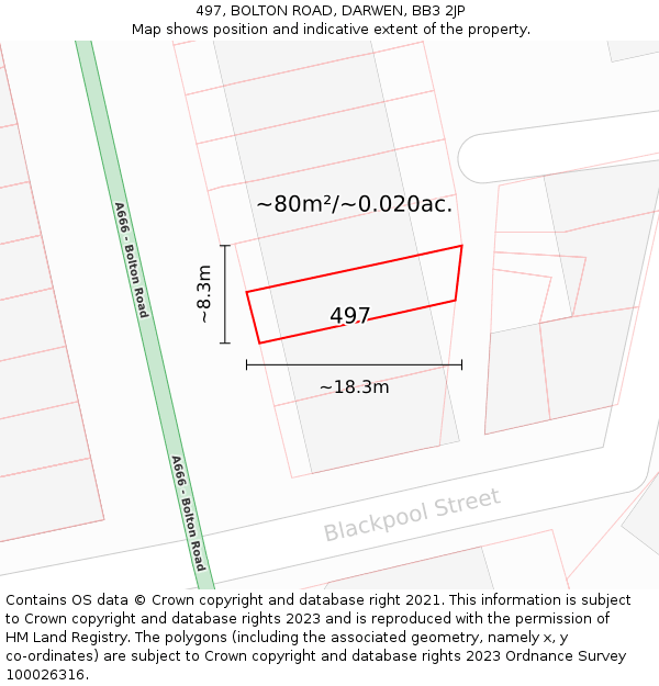 497, BOLTON ROAD, DARWEN, BB3 2JP: Plot and title map