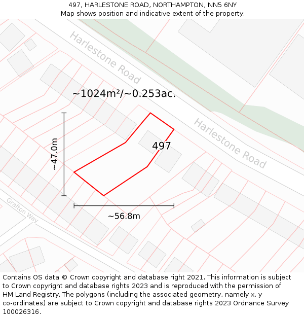 497, HARLESTONE ROAD, NORTHAMPTON, NN5 6NY: Plot and title map