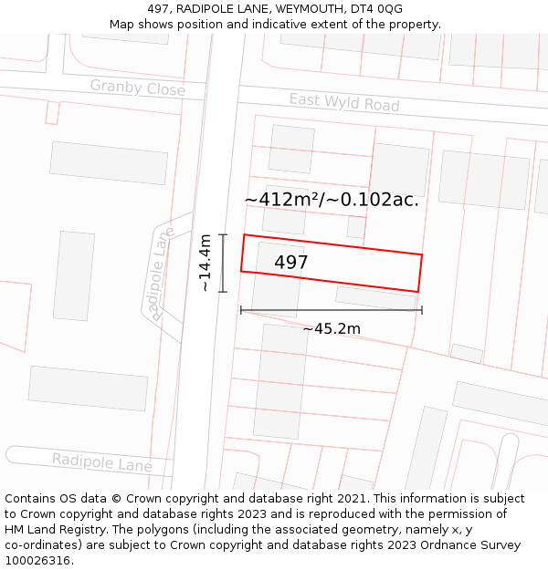 497, RADIPOLE LANE, WEYMOUTH, DT4 0QG: Plot and title map