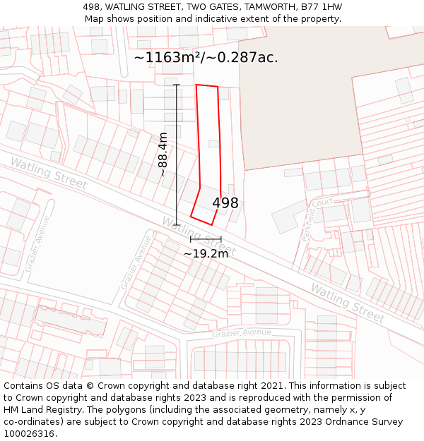 498, WATLING STREET, TWO GATES, TAMWORTH, B77 1HW: Plot and title map