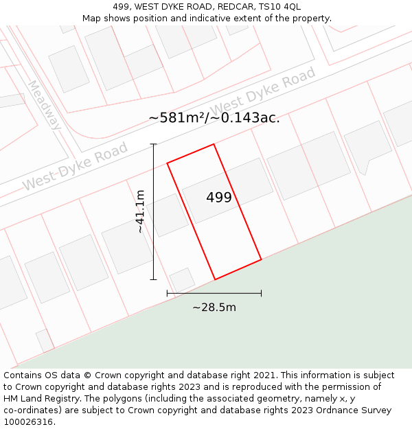 499, WEST DYKE ROAD, REDCAR, TS10 4QL: Plot and title map