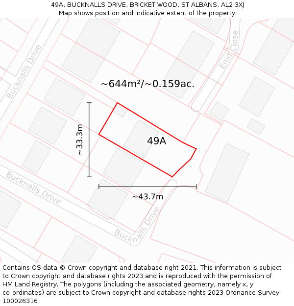 49A, BUCKNALLS DRIVE, BRICKET WOOD, ST ALBANS, AL2 3XJ: Plot and title map