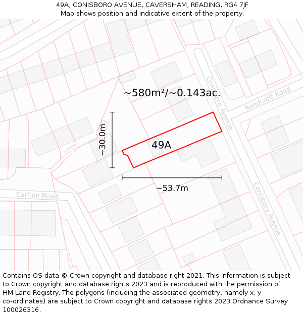 49A, CONISBORO AVENUE, CAVERSHAM, READING, RG4 7JF: Plot and title map