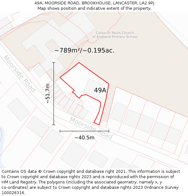 49A, MOORSIDE ROAD, BROOKHOUSE, LANCASTER, LA2 9PJ: Plot and title map