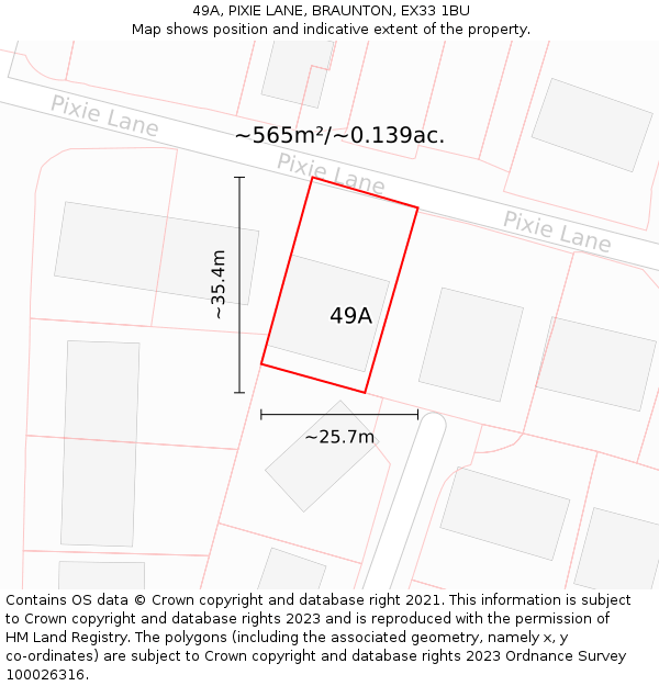 49A, PIXIE LANE, BRAUNTON, EX33 1BU: Plot and title map