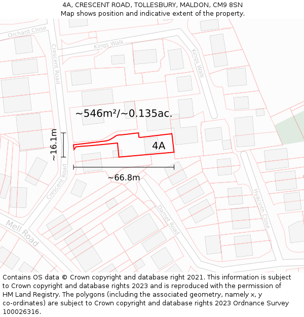 4A, CRESCENT ROAD, TOLLESBURY, MALDON, CM9 8SN: Plot and title map