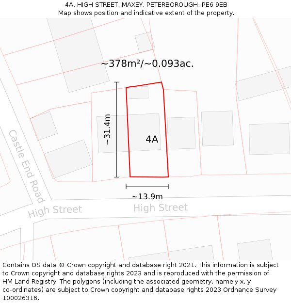 4A, HIGH STREET, MAXEY, PETERBOROUGH, PE6 9EB: Plot and title map