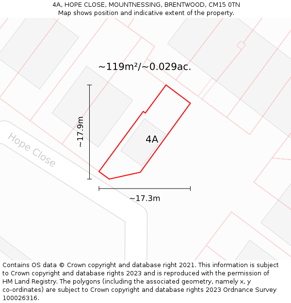 4A, HOPE CLOSE, MOUNTNESSING, BRENTWOOD, CM15 0TN: Plot and title map