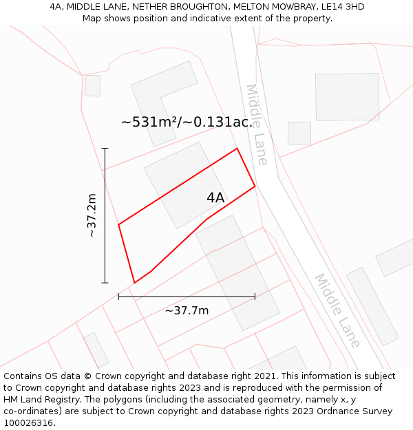 4A, MIDDLE LANE, NETHER BROUGHTON, MELTON MOWBRAY, LE14 3HD: Plot and title map