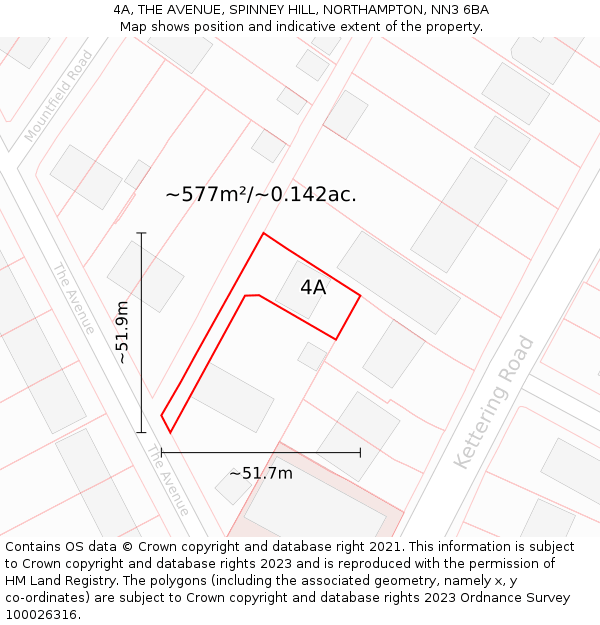 4A, THE AVENUE, SPINNEY HILL, NORTHAMPTON, NN3 6BA: Plot and title map
