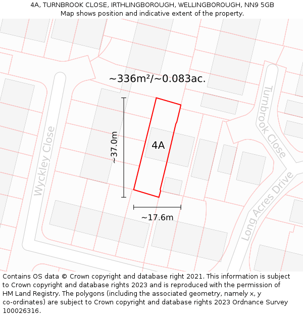 4A, TURNBROOK CLOSE, IRTHLINGBOROUGH, WELLINGBOROUGH, NN9 5GB: Plot and title map