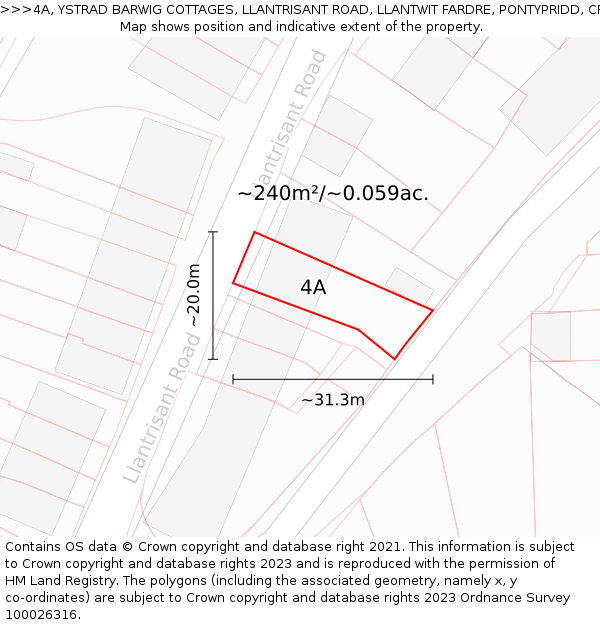 4A, YSTRAD BARWIG COTTAGES, LLANTRISANT ROAD, LLANTWIT FARDRE, PONTYPRIDD, CF38 2HA: Plot and title map